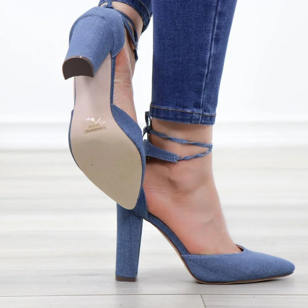 Denim Pointy Toe Block Lace-Up High Heel Pumps - Picture 5 of 15
